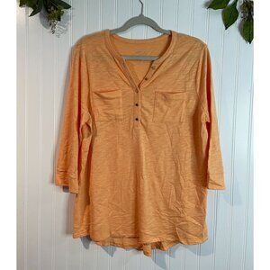 Chicos Womens Peach Button Front Top With 3/4 Sleeves & Pockets Size M60%Cotton